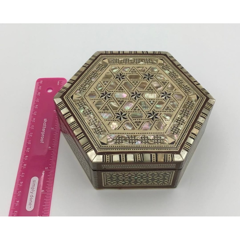 Vintage Marquetry Inlay Jewelry Box Mother of Pearl Wood Mosaic Star 6in - Picture 2 of 10